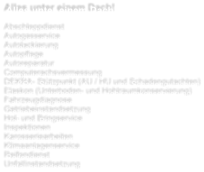 Alles unter einem Dach!  Abschleppdienst Autogasservice Autolackierung Autopflege Autoreparatur Computerachsvermessung DEKRA- Sttzpunkt (AU / HU und Schadengutachten) Elaskon (Unterboden- und Hohlraumkonservierung) Fahrzeugdiagnose Getriebeinstandsetzung Hol- und Bringservice Inspektionen Karosseriearbeiten Klimaanlagenservice Reifendienst Unfallinstandsetzung